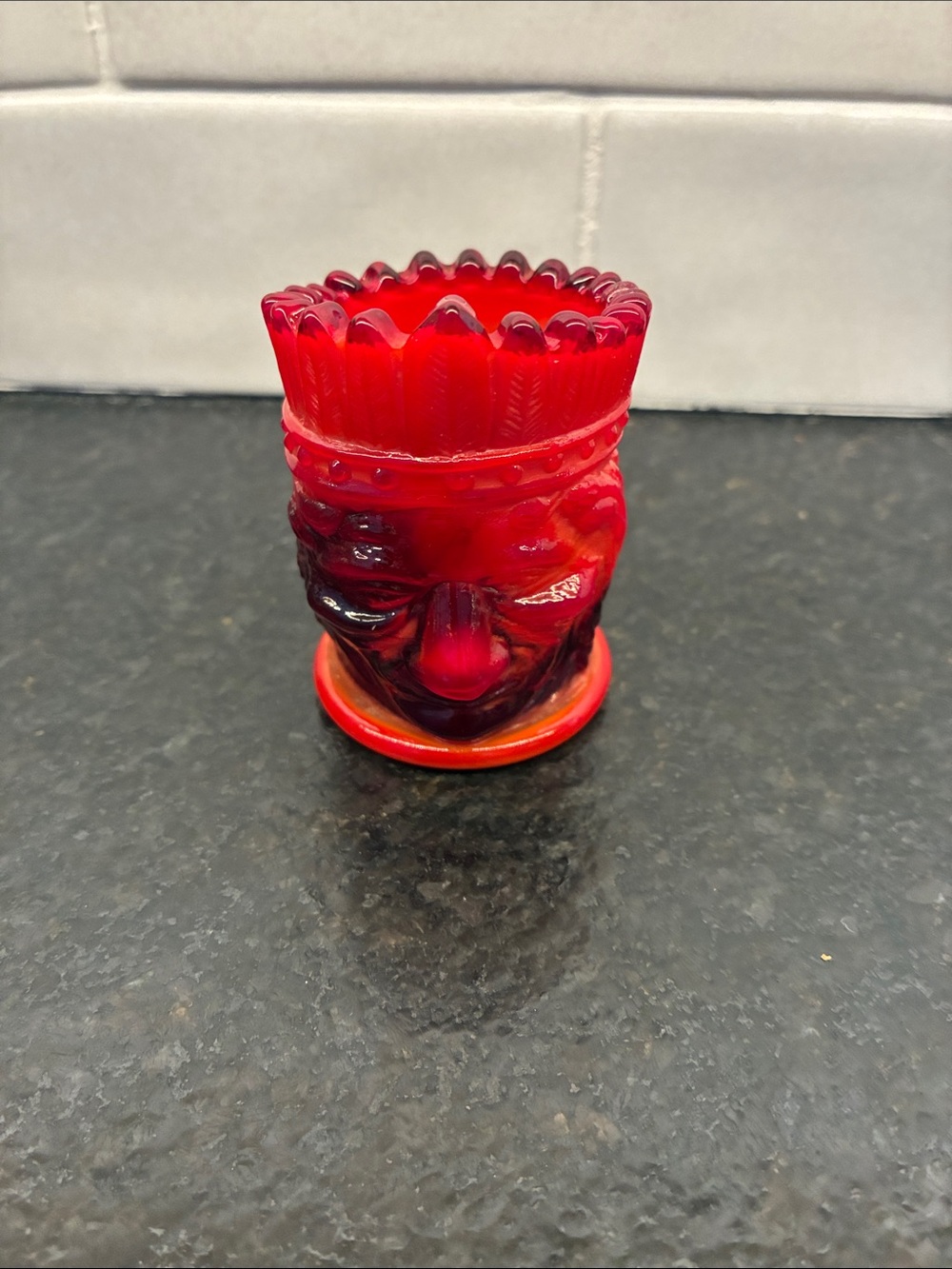 Summit Art Glass Red Glass Amberina Indian NA Head Toothpick Holder